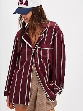 Free People striped Satin Button-Up Shirt Jacket - Burgundy & White size small
